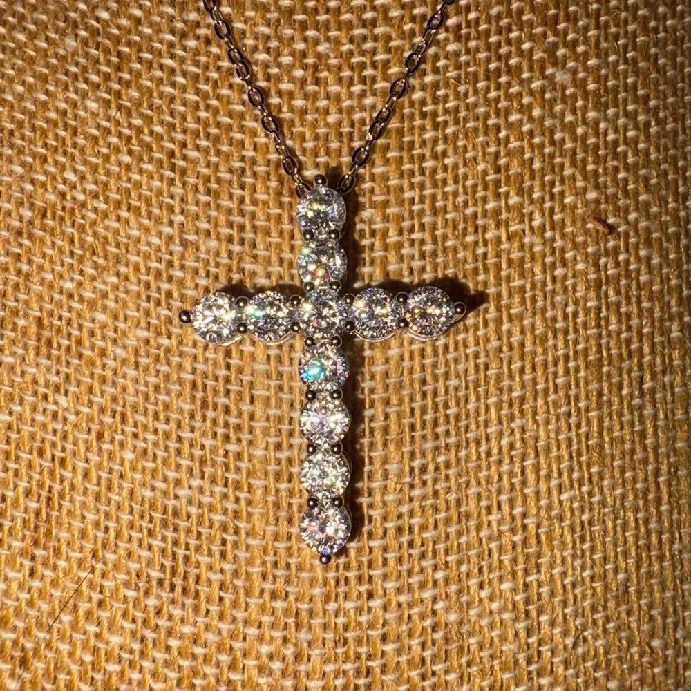 Solid Sterling Silver Large Moissanite Cross Necklace. - Picture 4 of 5